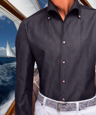 Χειροποίητο Πουκάμισο One Piece Collar Λεπτό Μαύρο Indigo