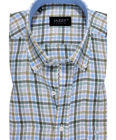 Ανδρικό Πουκάμισο Καρό Λινό Πράσινο Σιέλ Jazzy Studio Comfort Fit