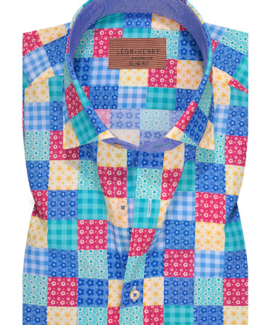 Πουκάμισο Μοτίβο Patchwork Μακρύ Μανίκι Slim Fit